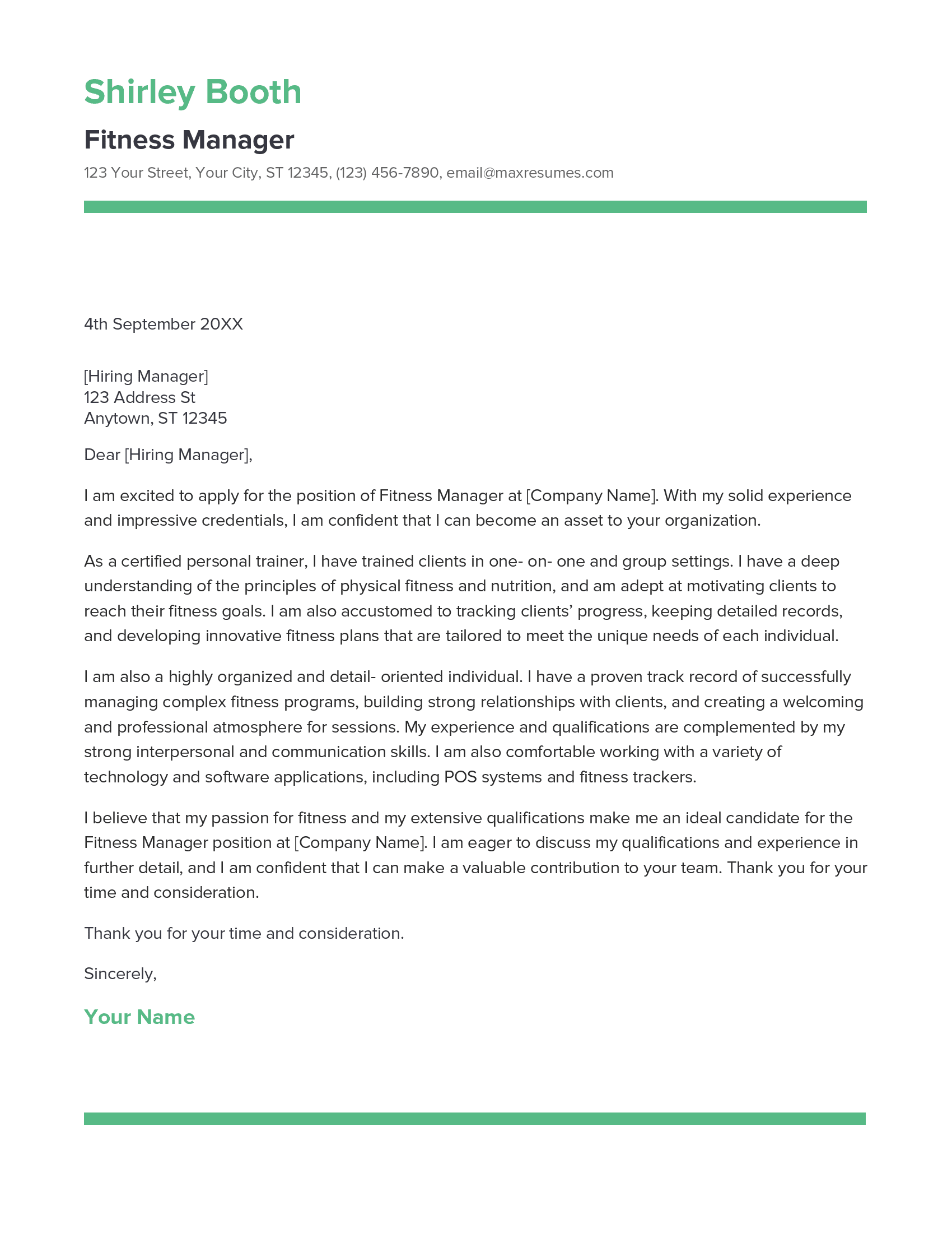 Fitness Manager Cover Letter Example