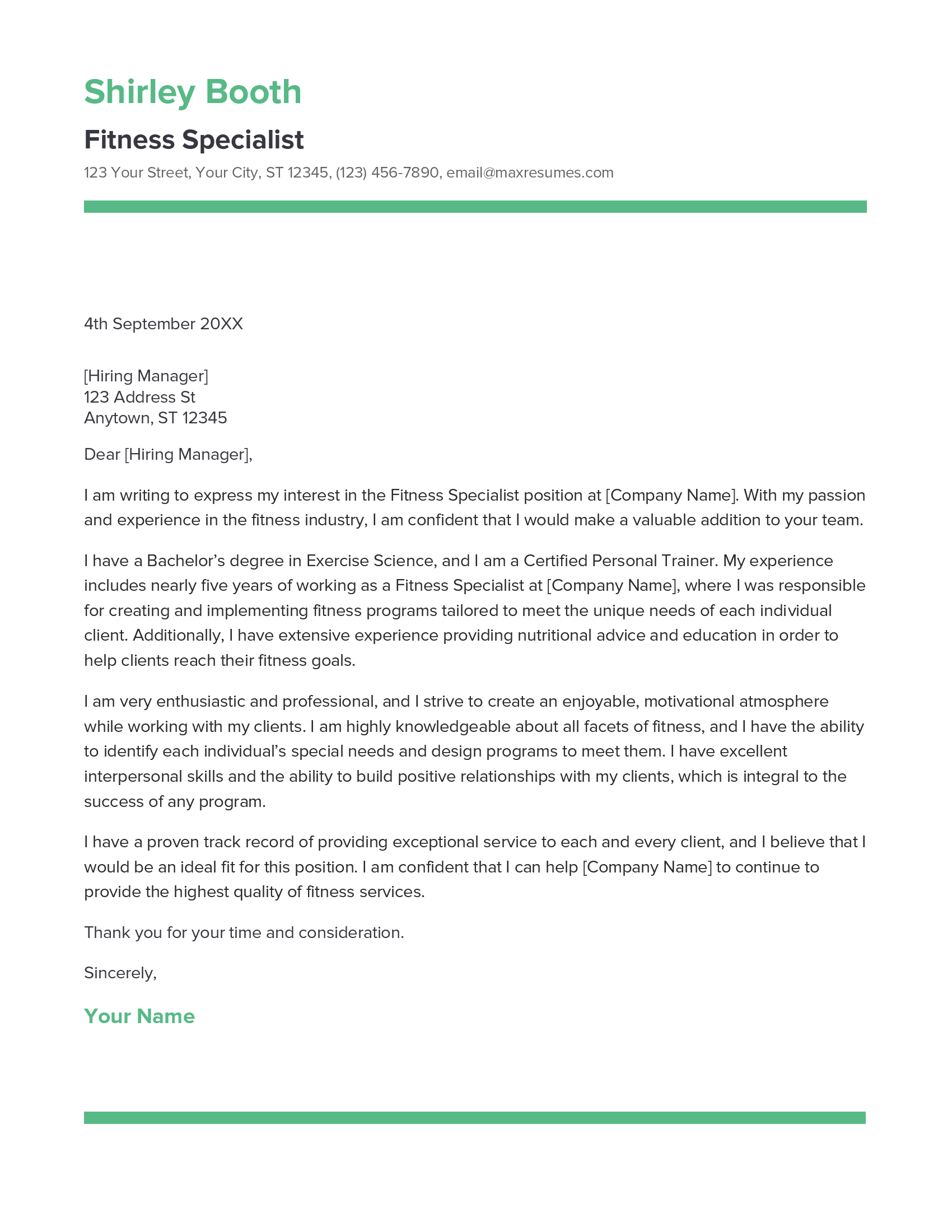 Fitness Specialist Cover Letter Example