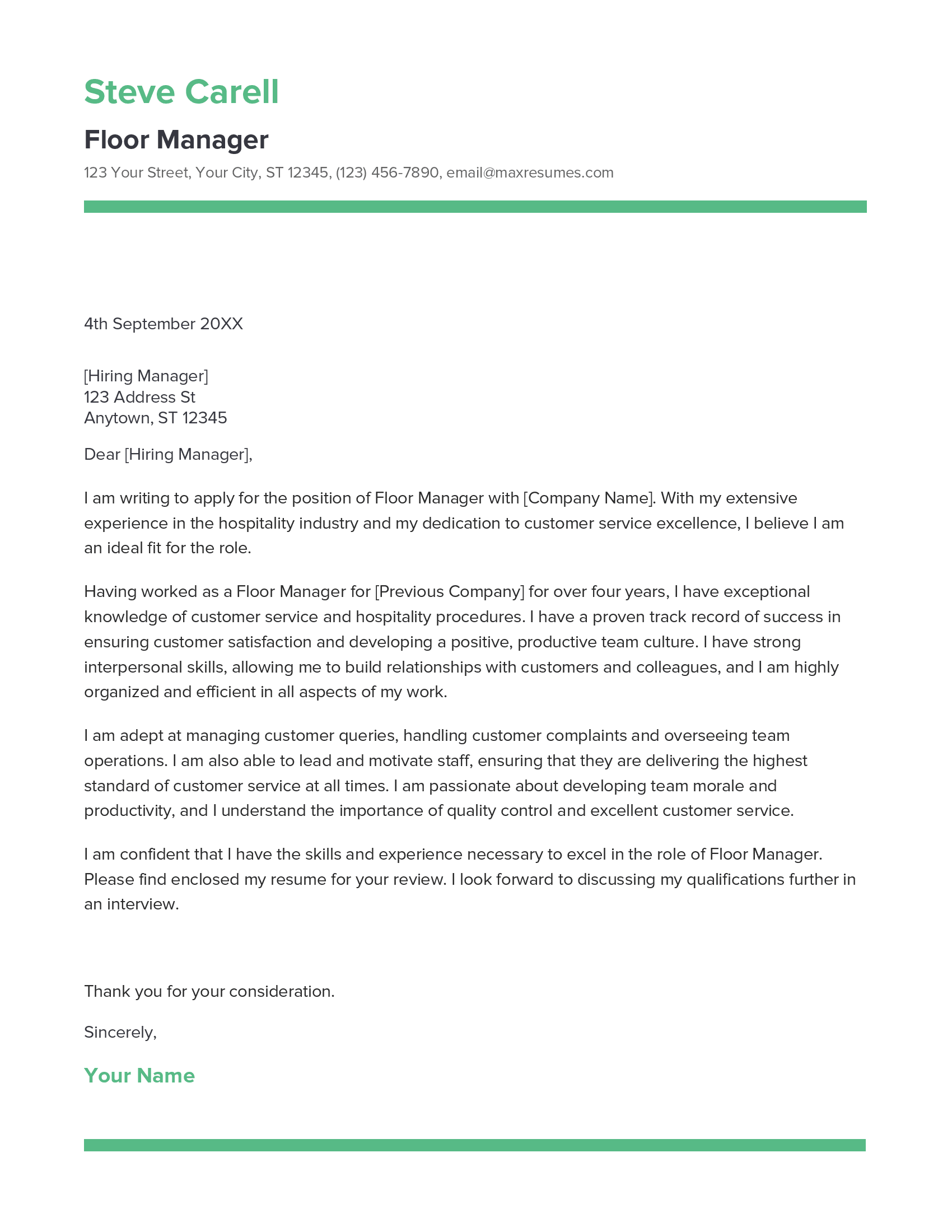 Floor Manager Cover Letter Example