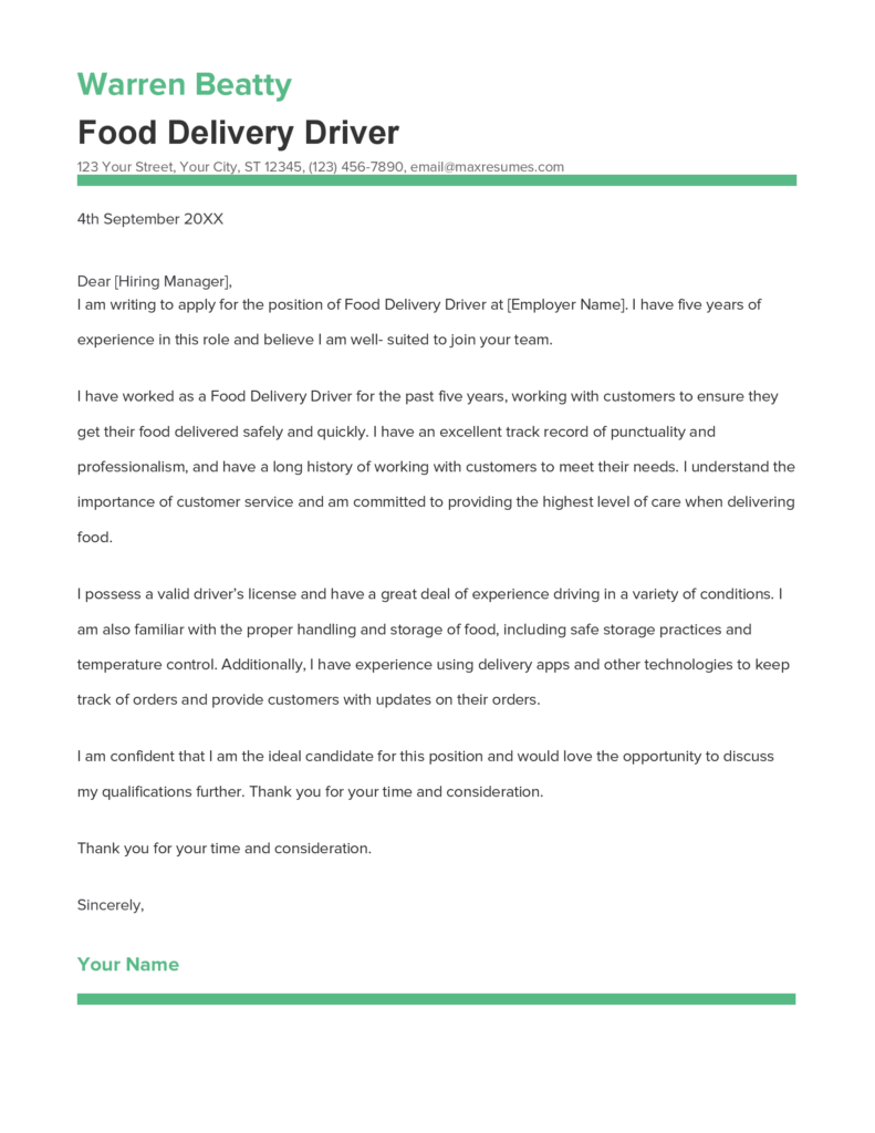 cover letter for food delivery boy job