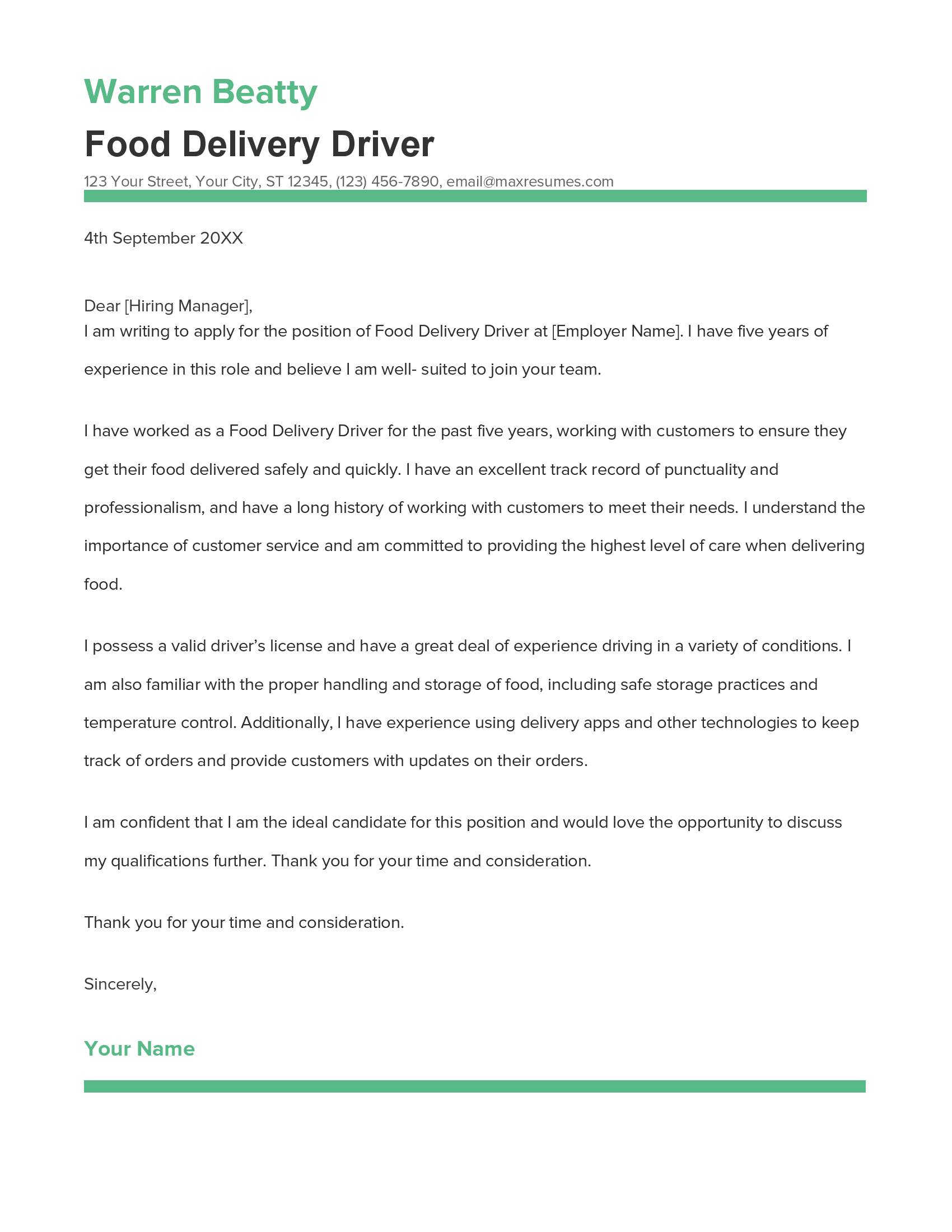 Food Delivery Driver Cover Letter Example