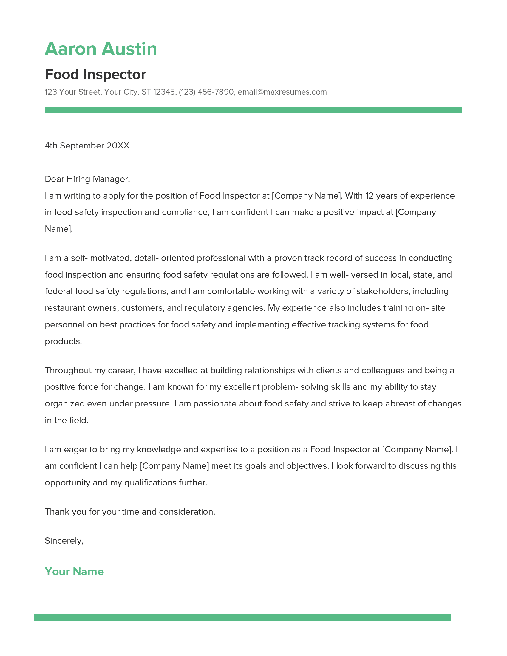 Food Inspector Cover Letter Example