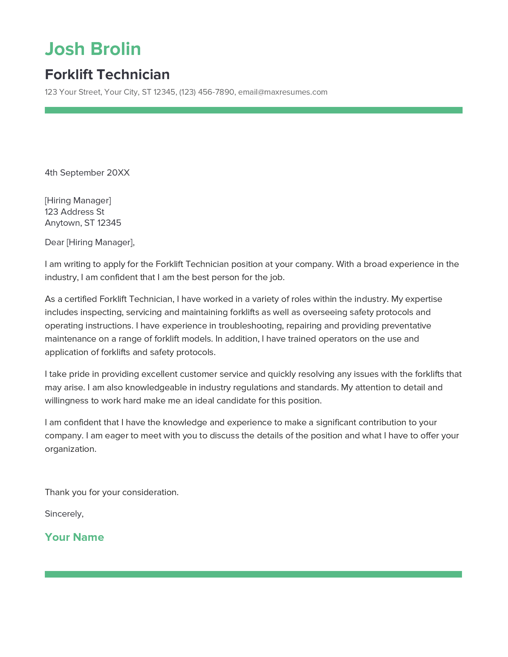 Forklift Technician Cover Letter Example