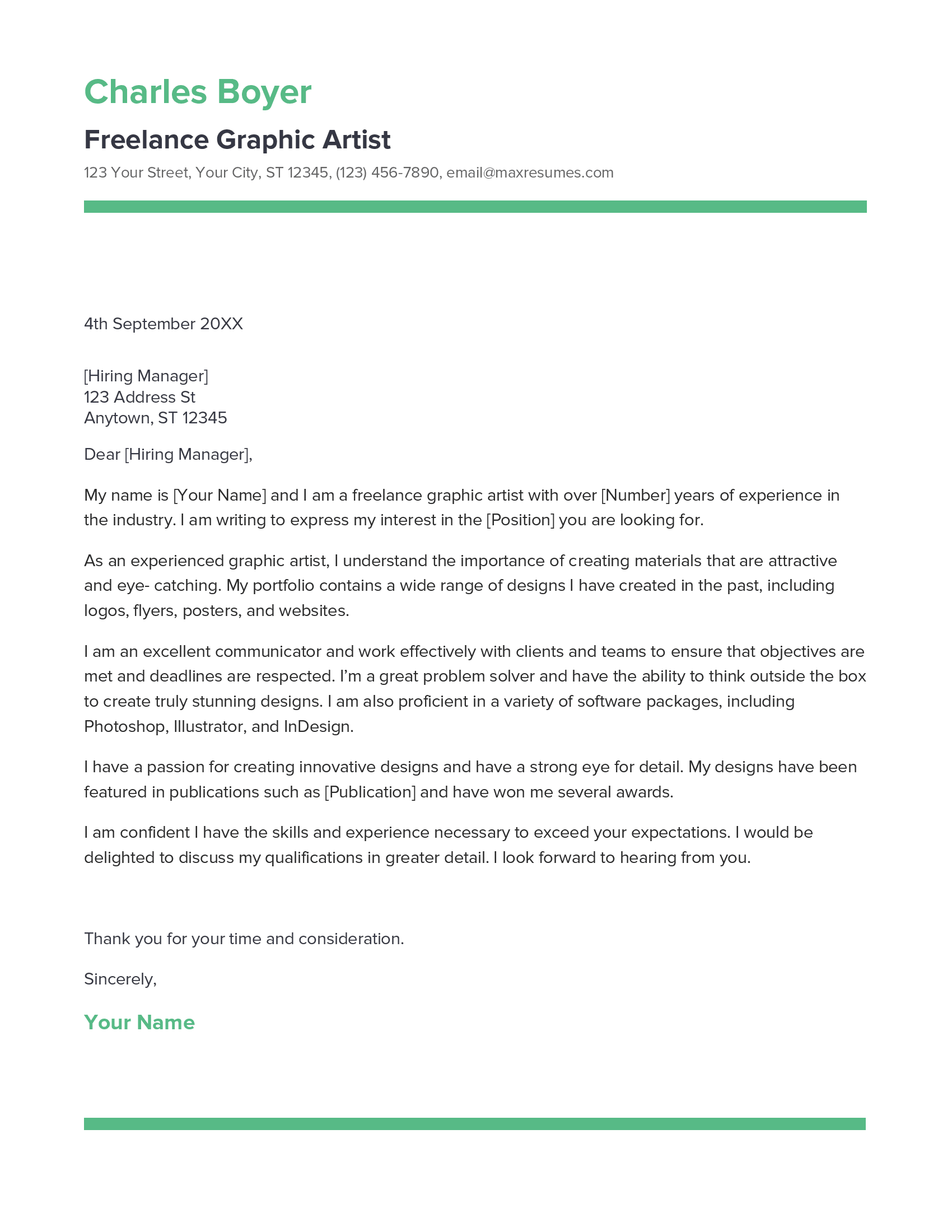 Freelance Graphic Artist Cover Letter Example