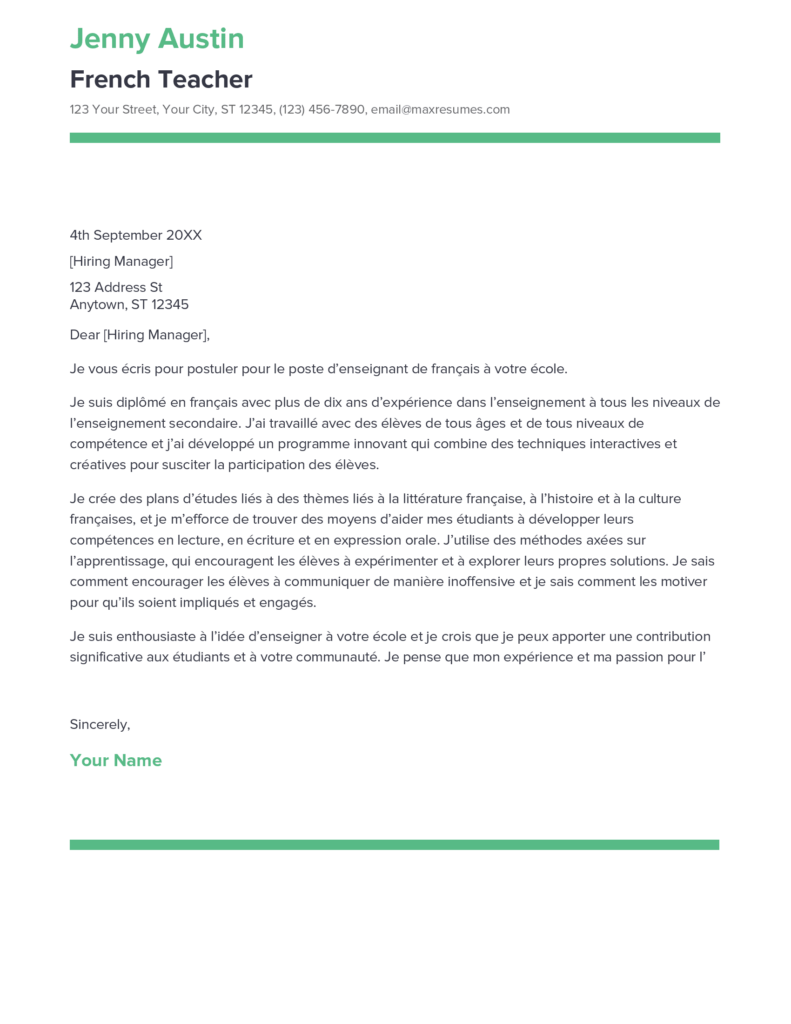 cover letter french teacher position