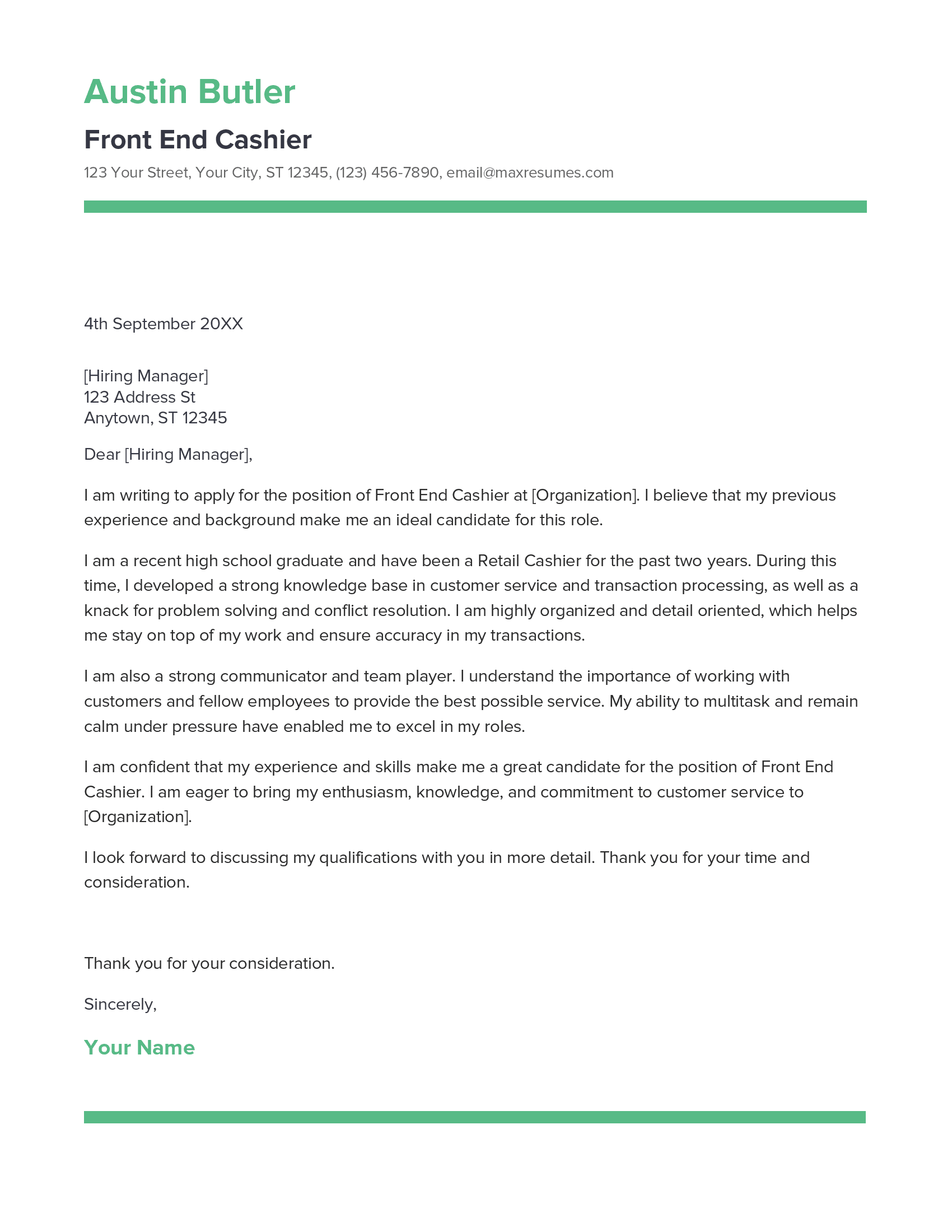Front End Cashier Cover Letter Example