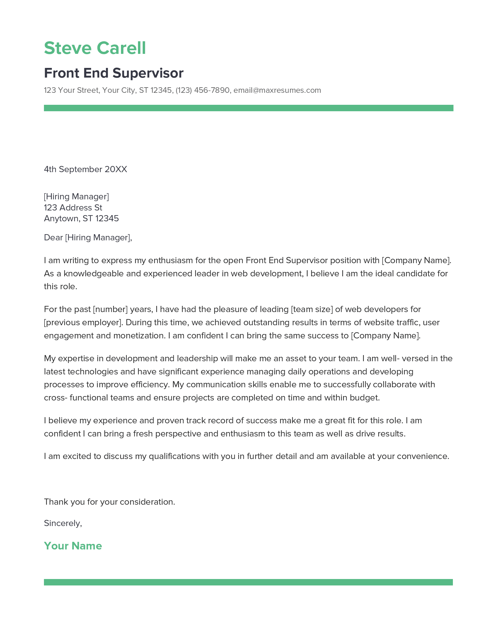 Front End Supervisor Cover Letter Example