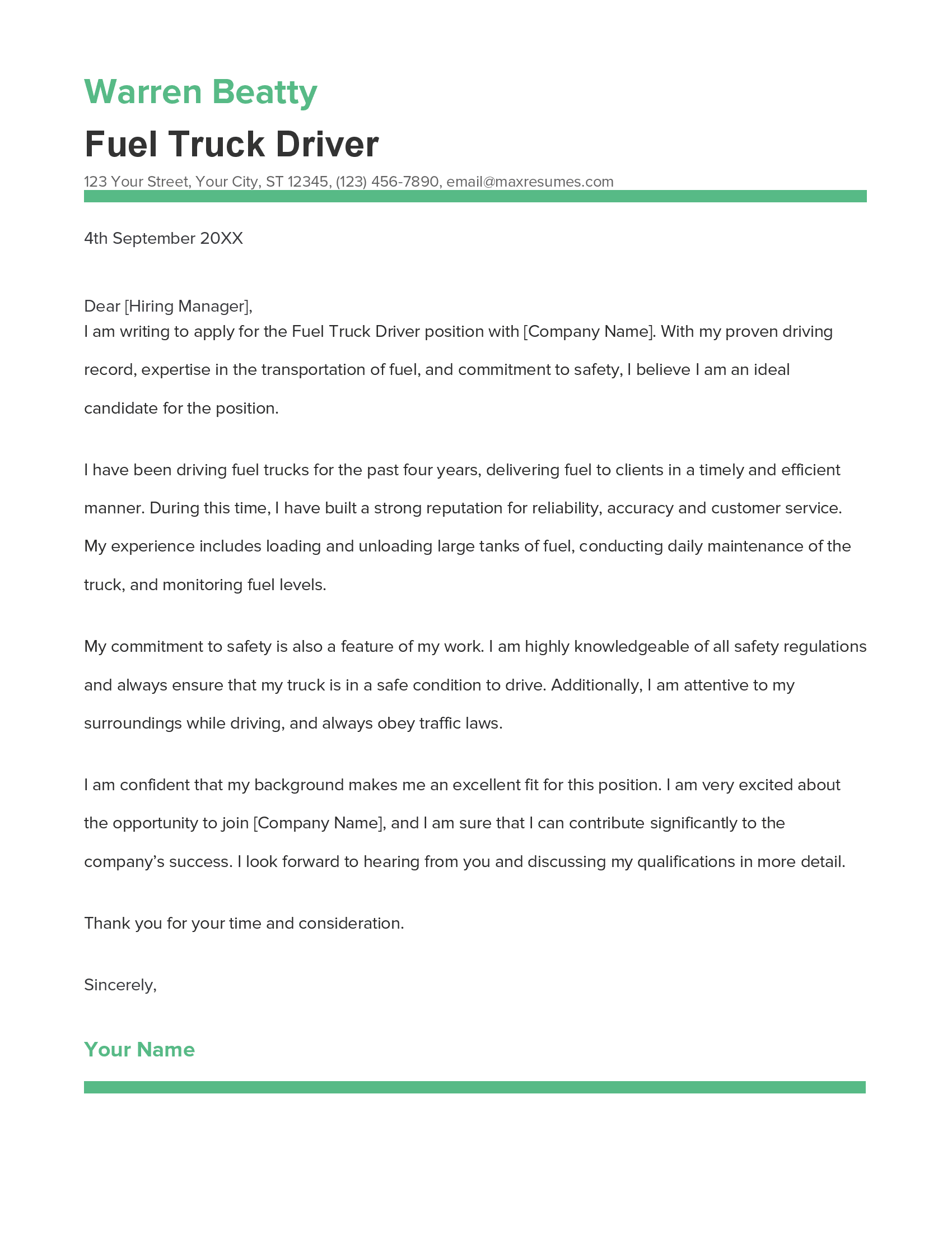 Fuel Truck Driver Cover Letter Example