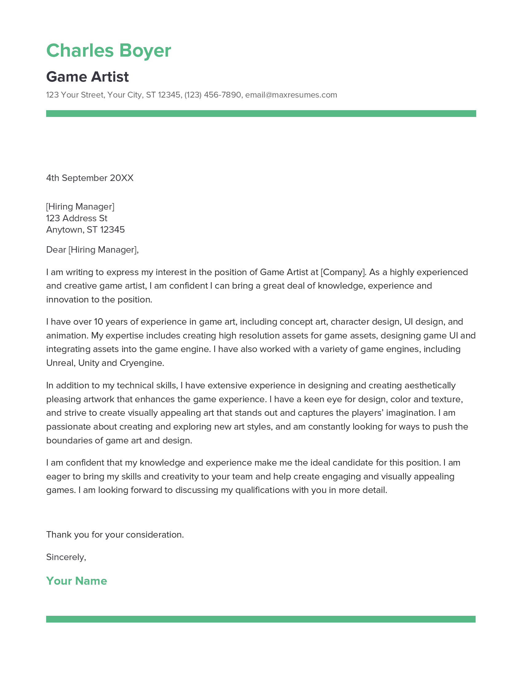 Game Artist Cover Letter Example