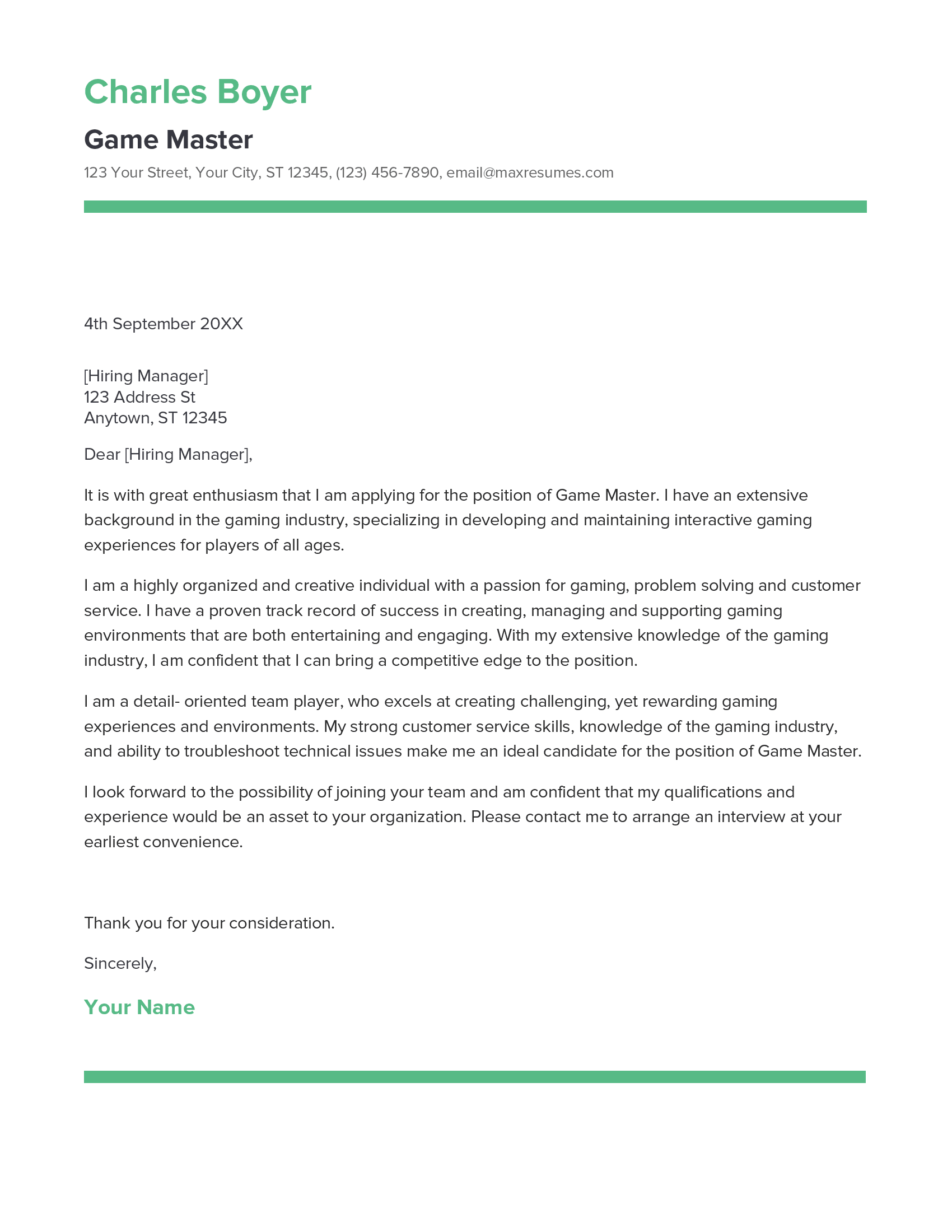 Game Master Cover Letter Example