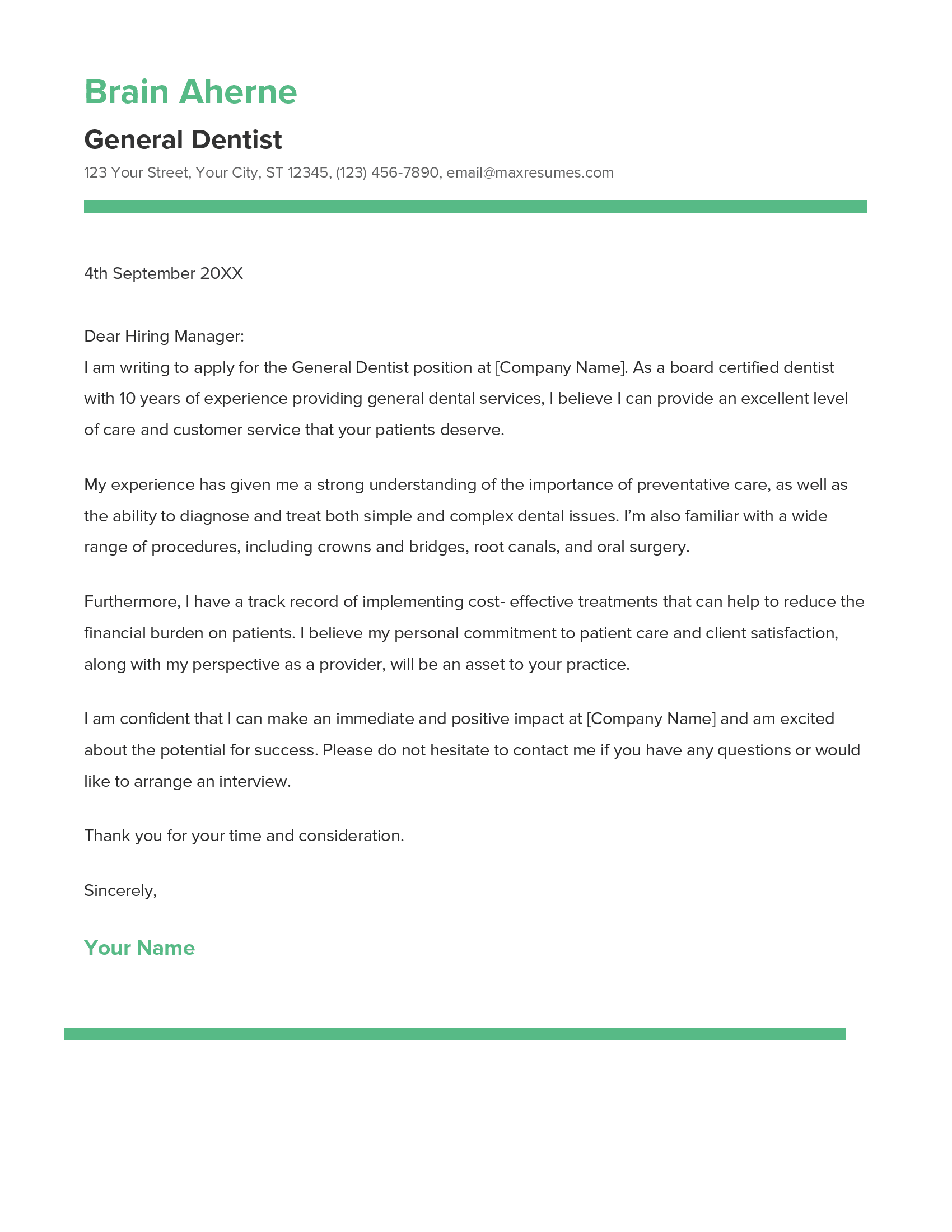 General Dentist Cover Letter Example