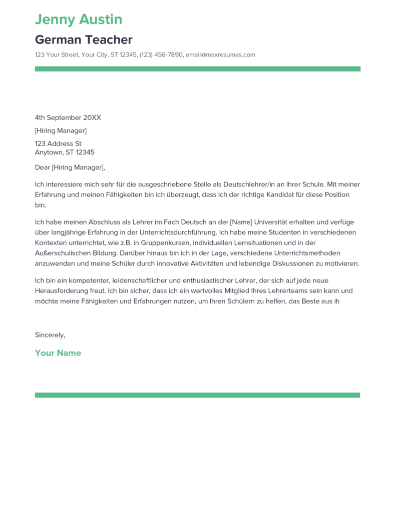 Best German Teacher Cover Letter Example for 2023