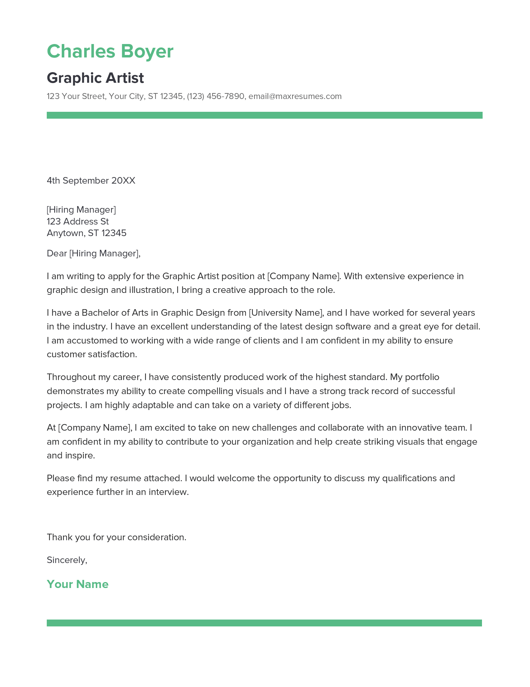 Graphic Artist Cover Letter Example