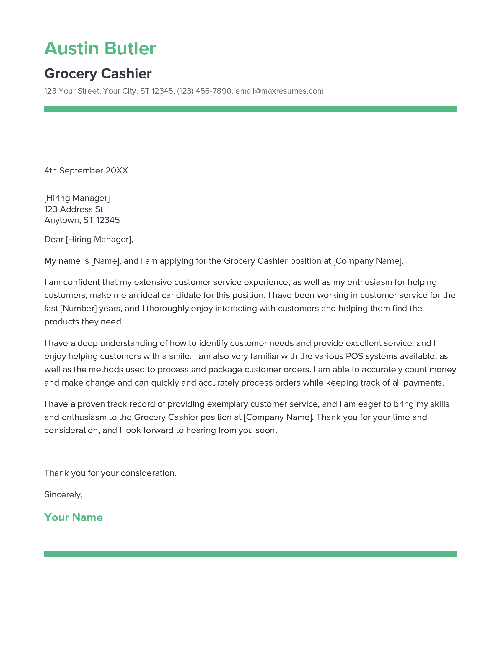 Grocery Cashier Cover Letter Example