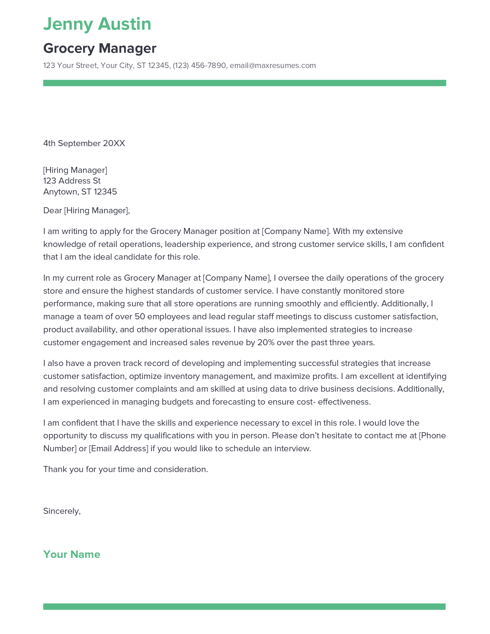 cover letter for grocery store manager position
