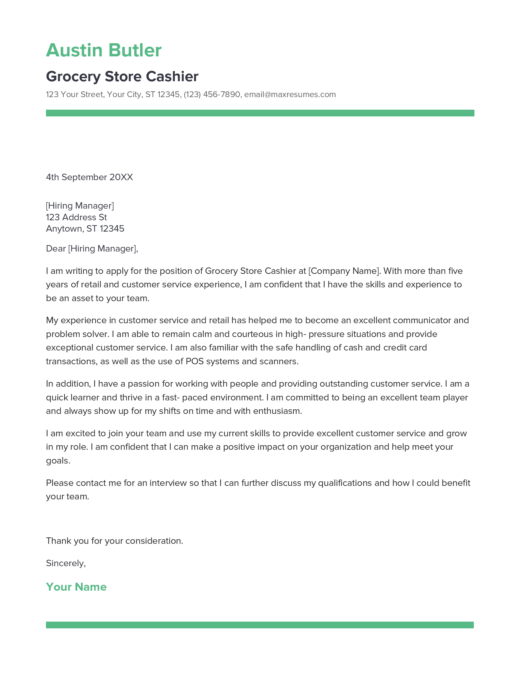 Grocery Store Cashier Cover Letter Example