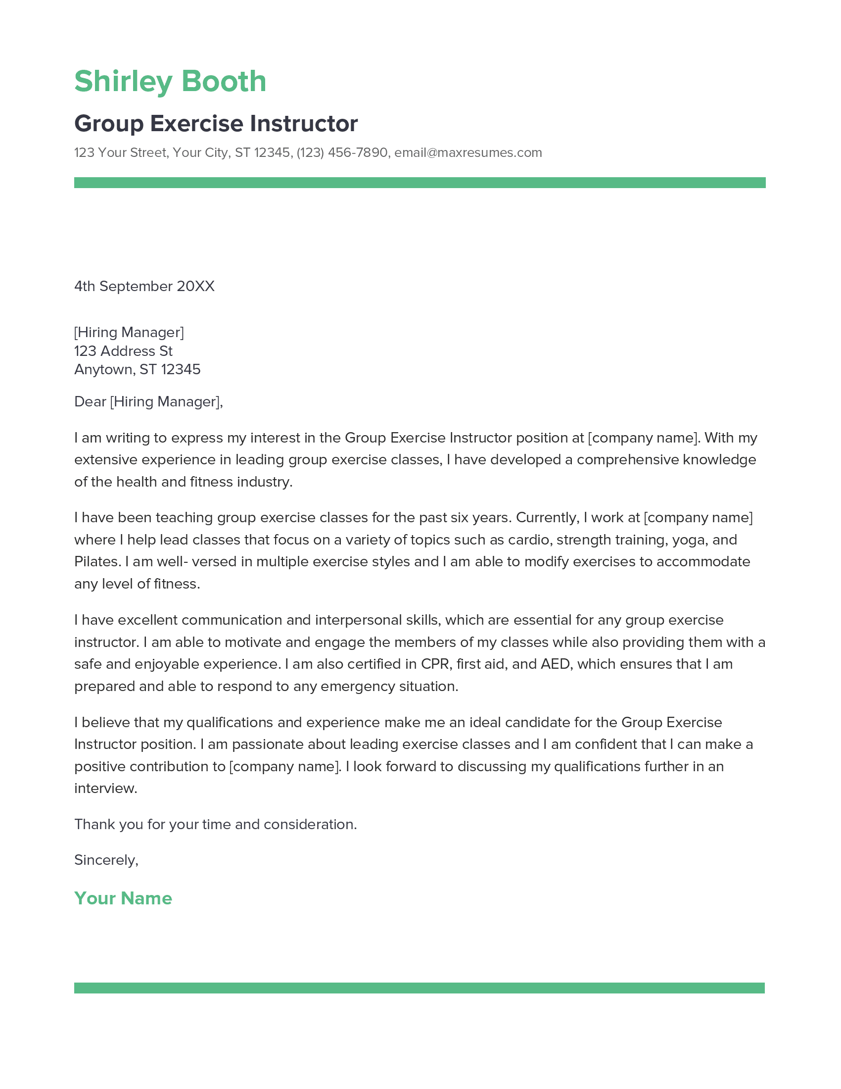 Group Exercise Instructor Cover Letter Example