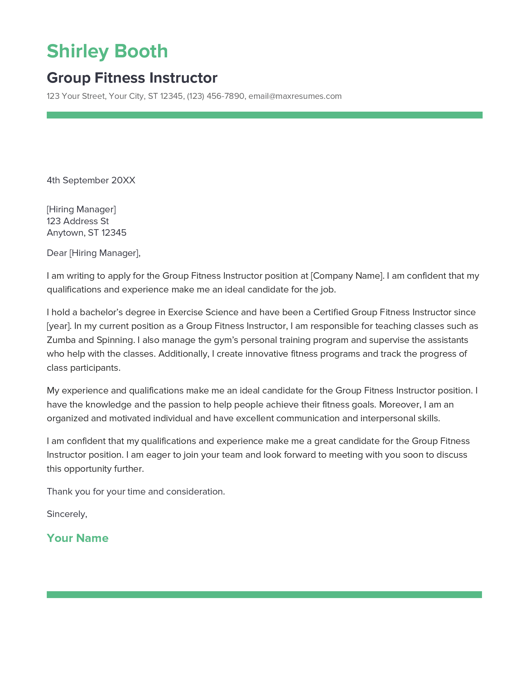 Group Fitness Instructor Cover Letter Example