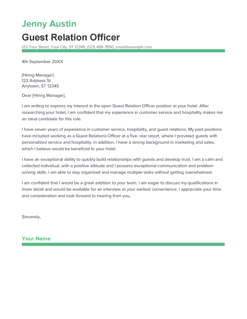 guest relation officer cover letter