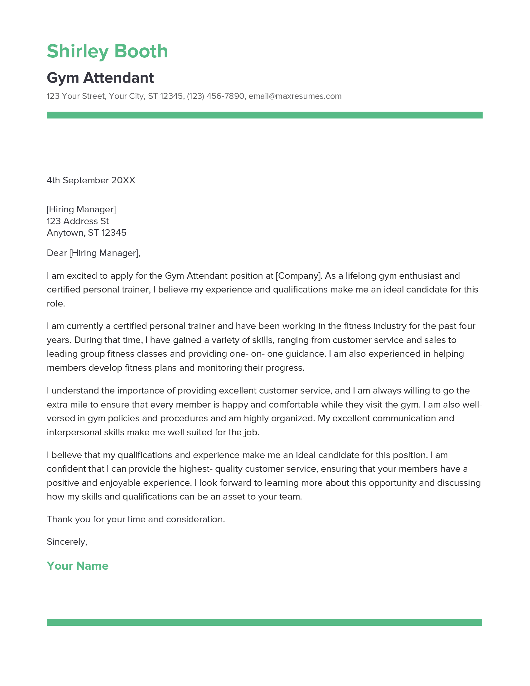 Gym Attendant Cover Letter Example