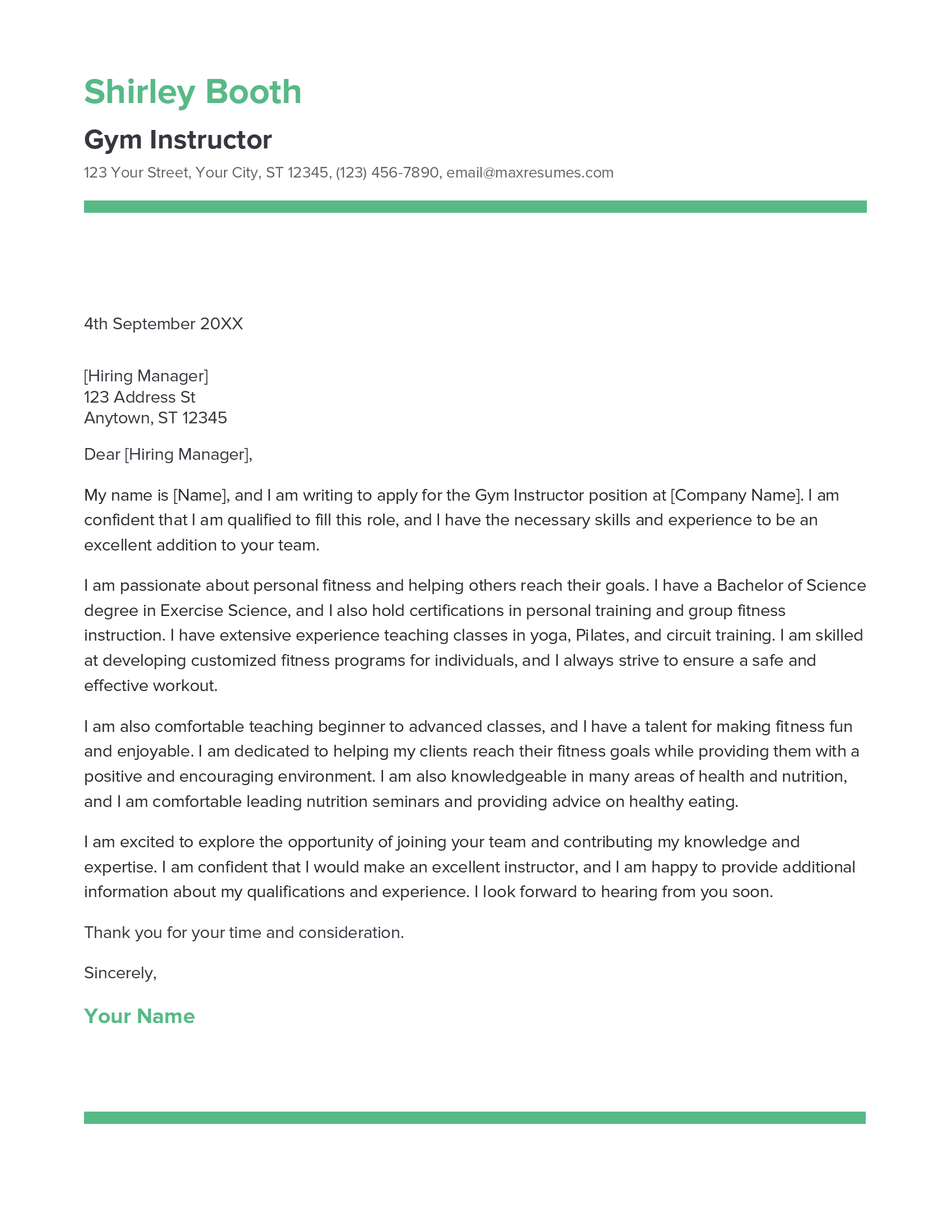 Gym Instructor Cover Letter Example