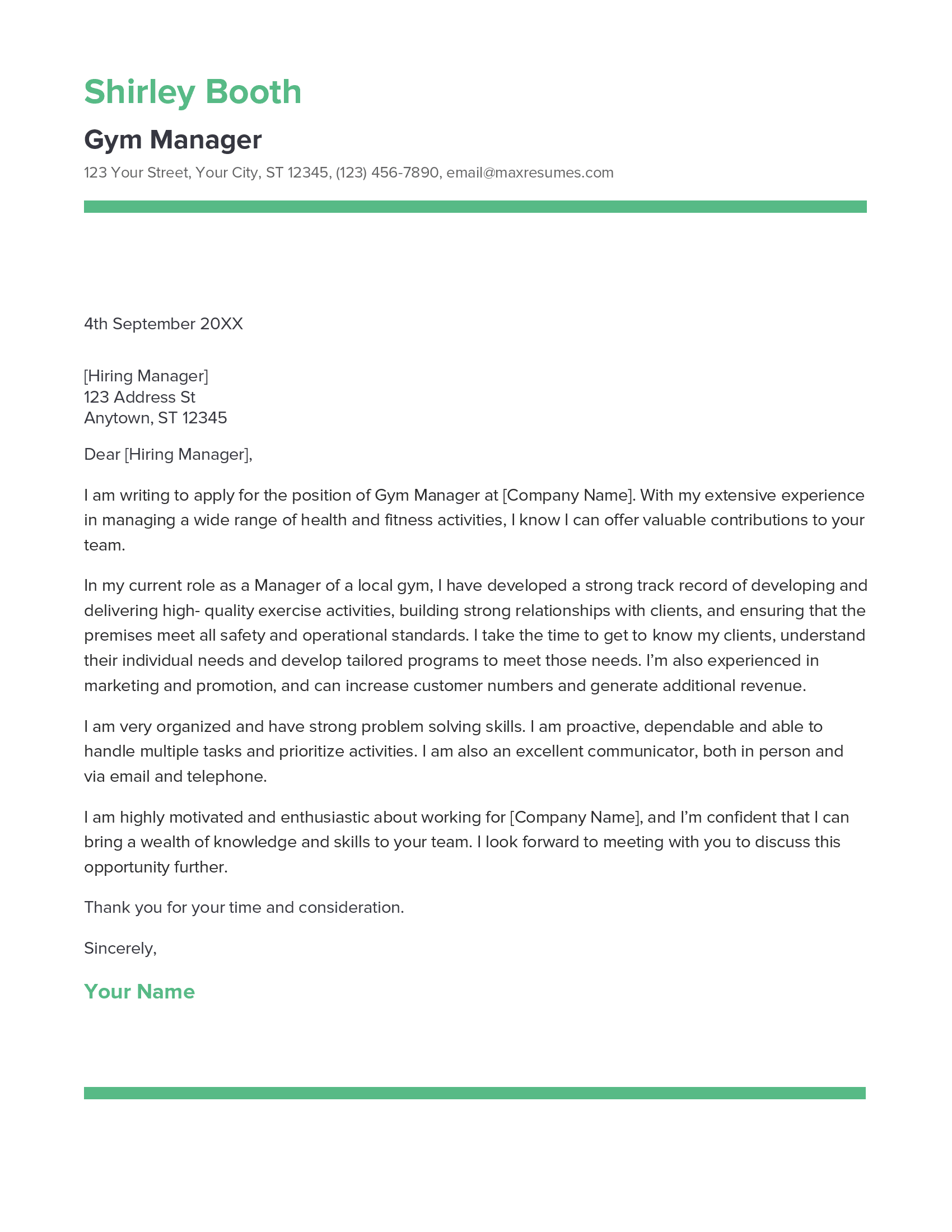 Gym Manager Cover Letter Example
