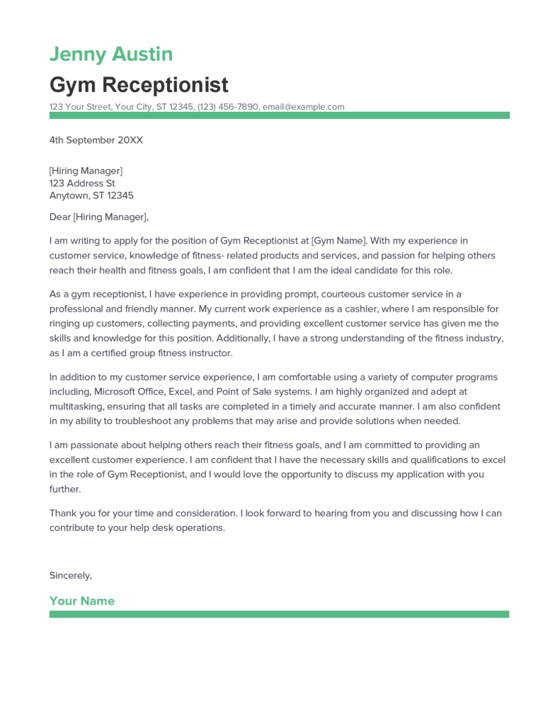 cover letter sample for gym receptionist