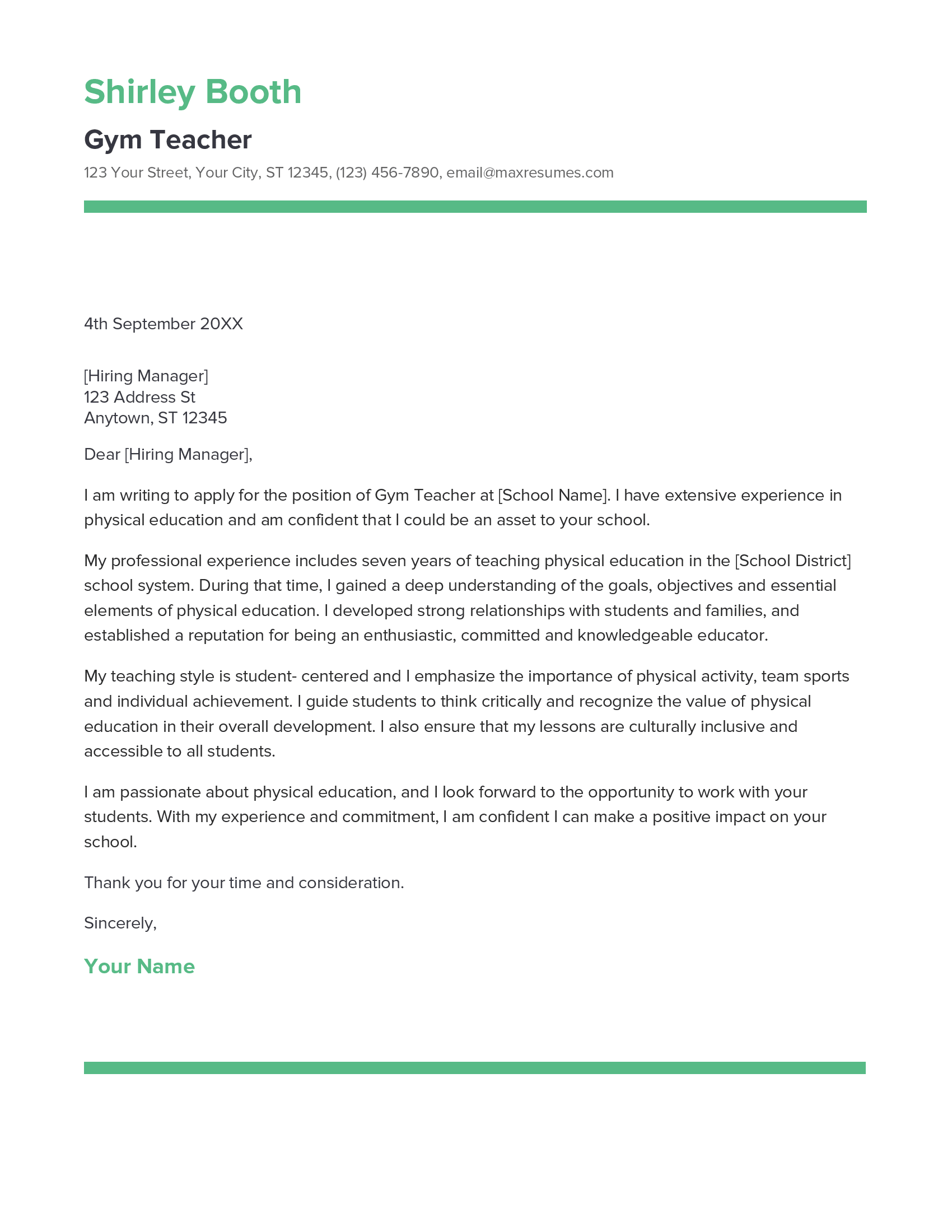 Gym Teacher Cover Letter Example