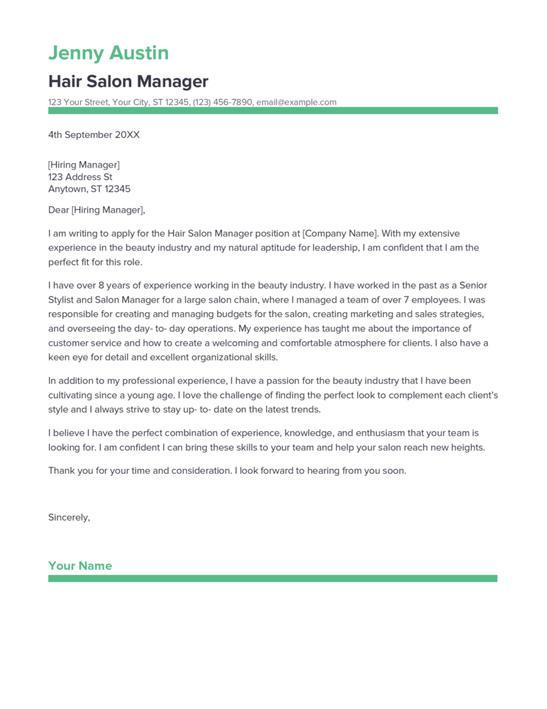 Best Hair Salon Manager Cover Letter Example for 2023