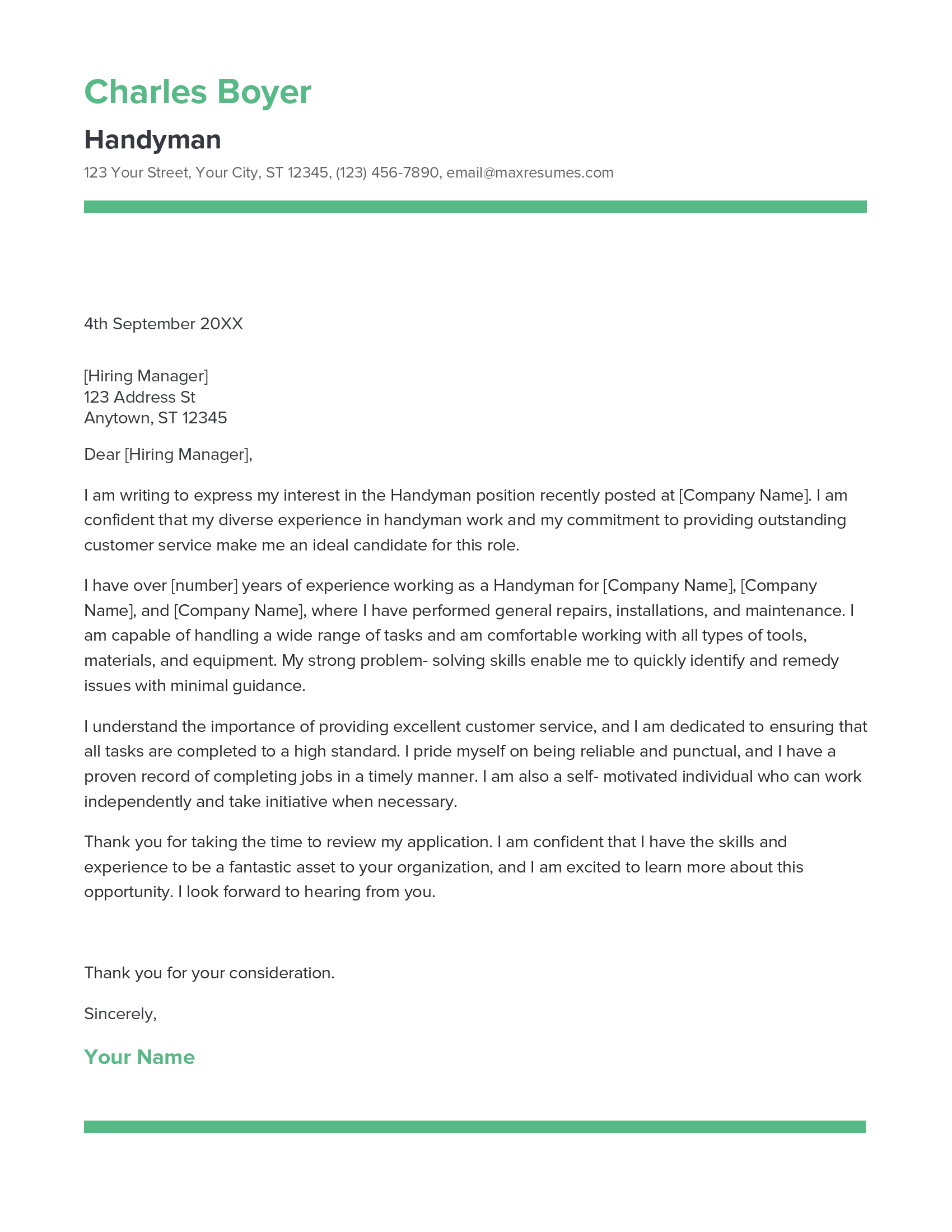 Handyman Cover Letter Example