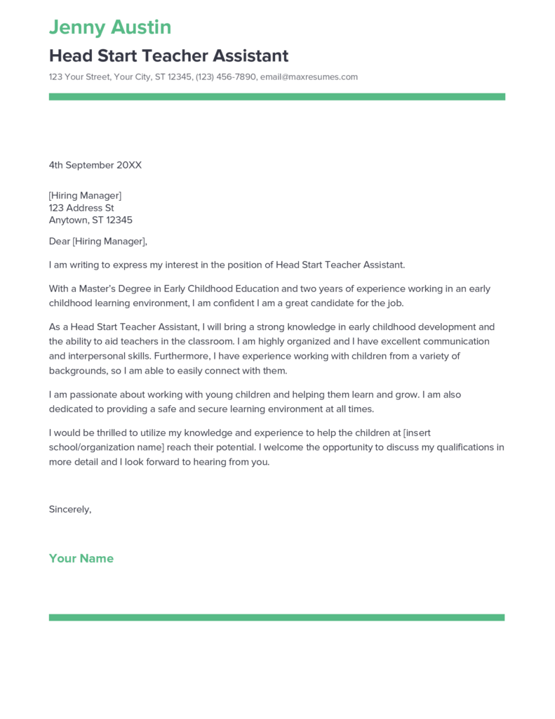 Best Head Start Teacher Assistant Cover Letter Example for 2023