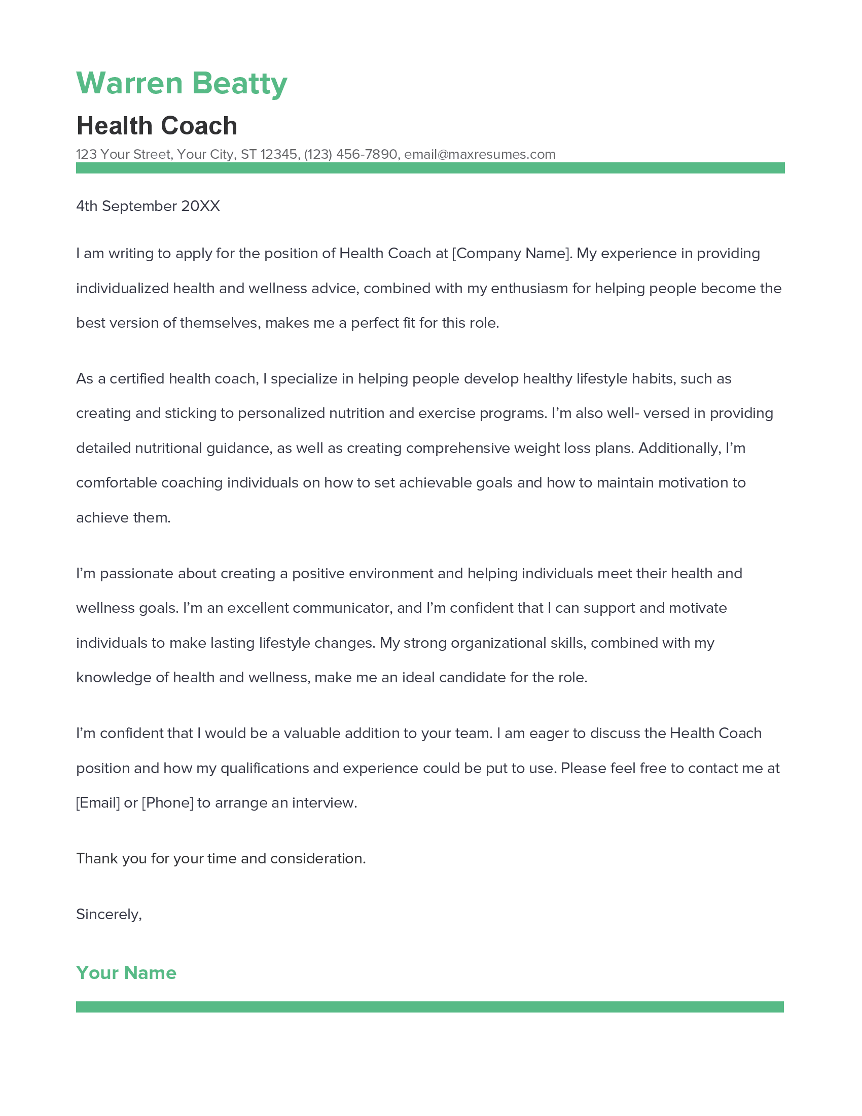Health Coach Cover Letter Example