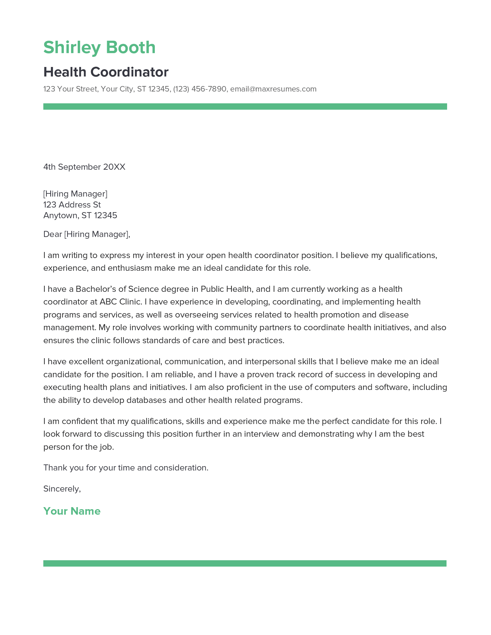 Health Coordinator Cover Letter Example