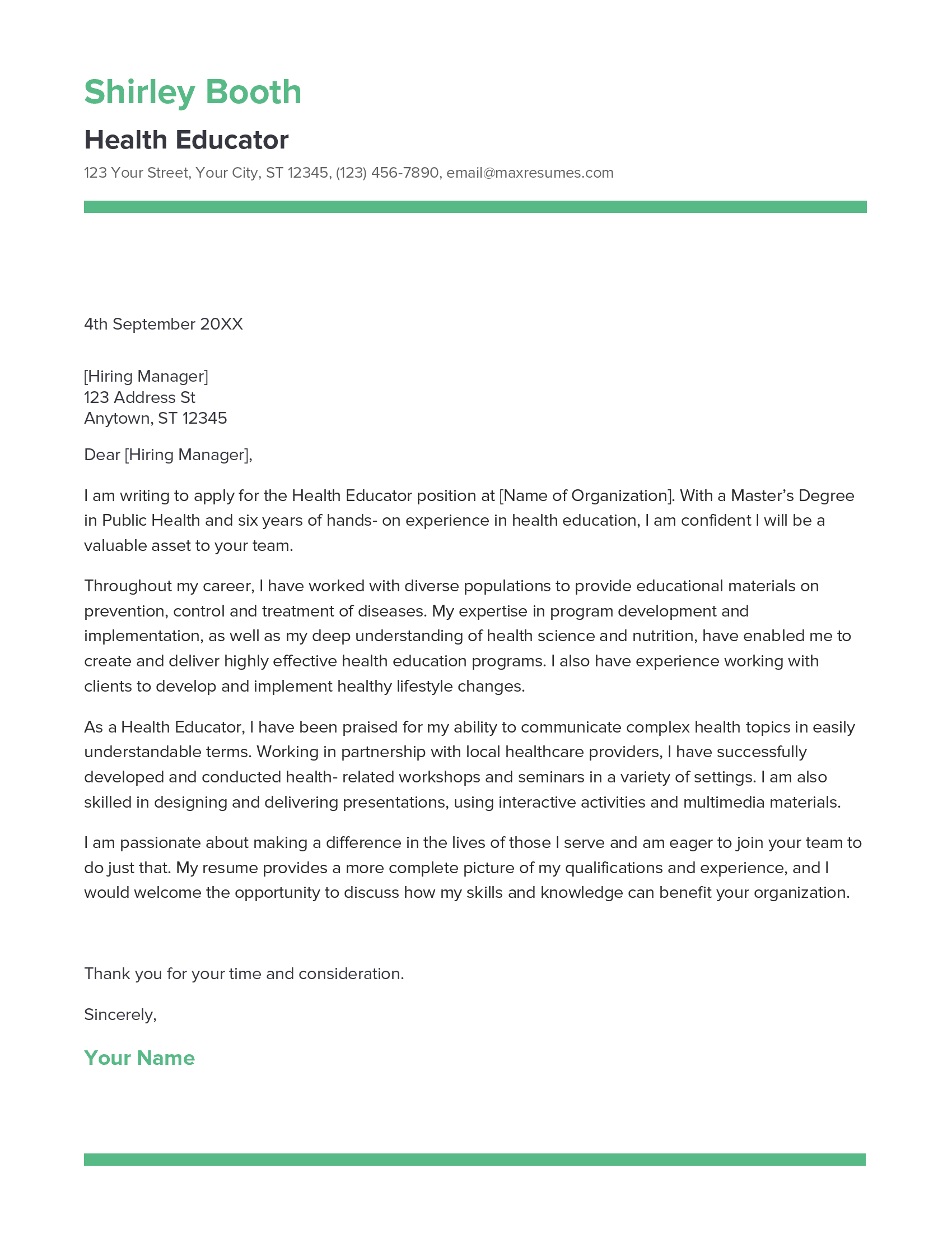 Health Educator Cover Letter Example