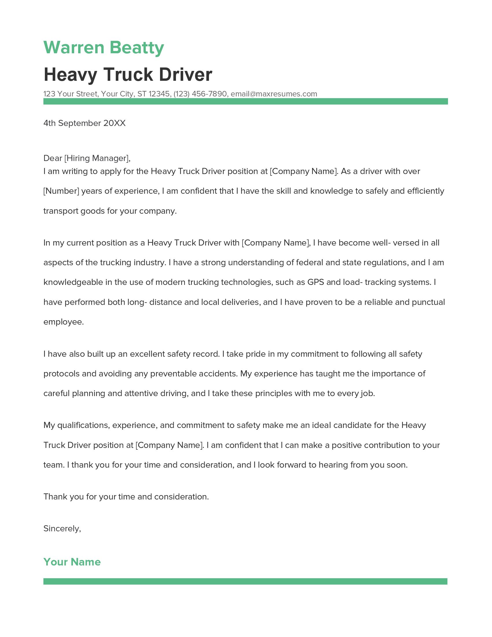 Heavy Truck Driver Cover Letter Example
