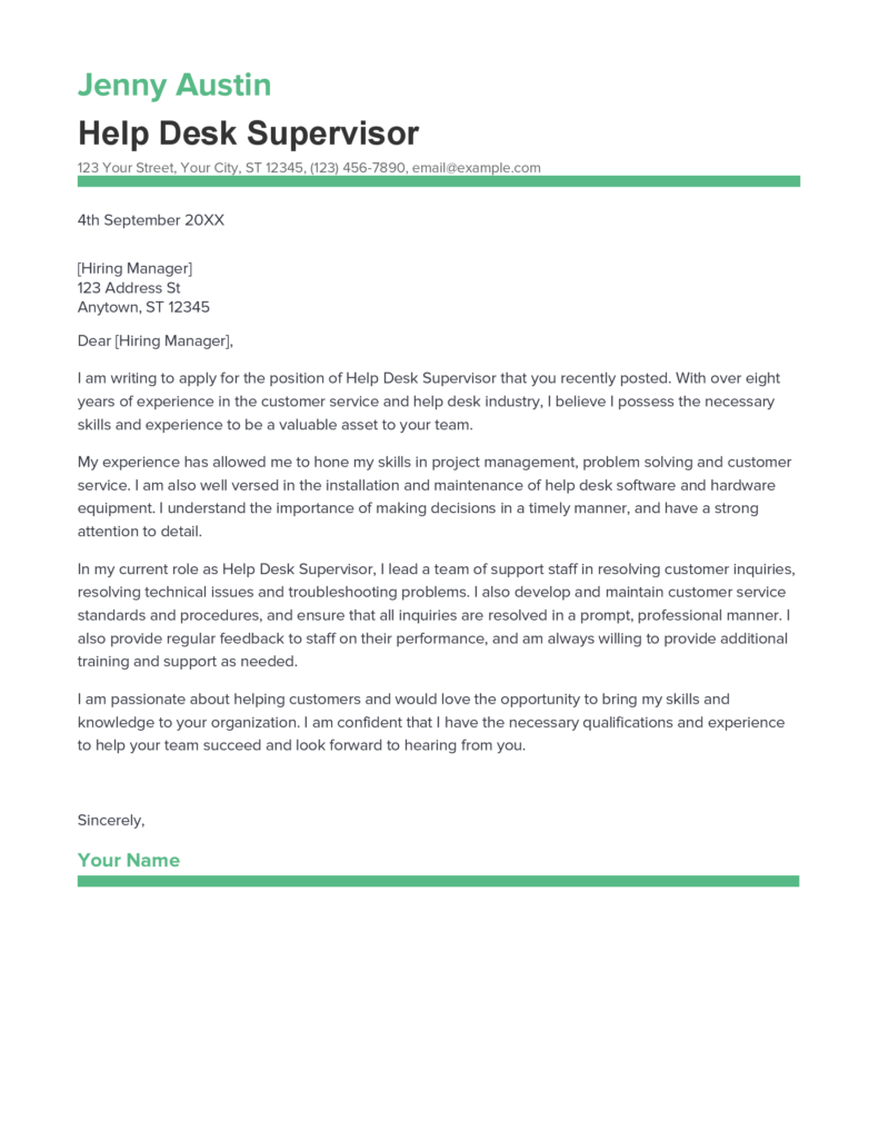 Best Help Desk Supervisor Cover Letter Example for 2023