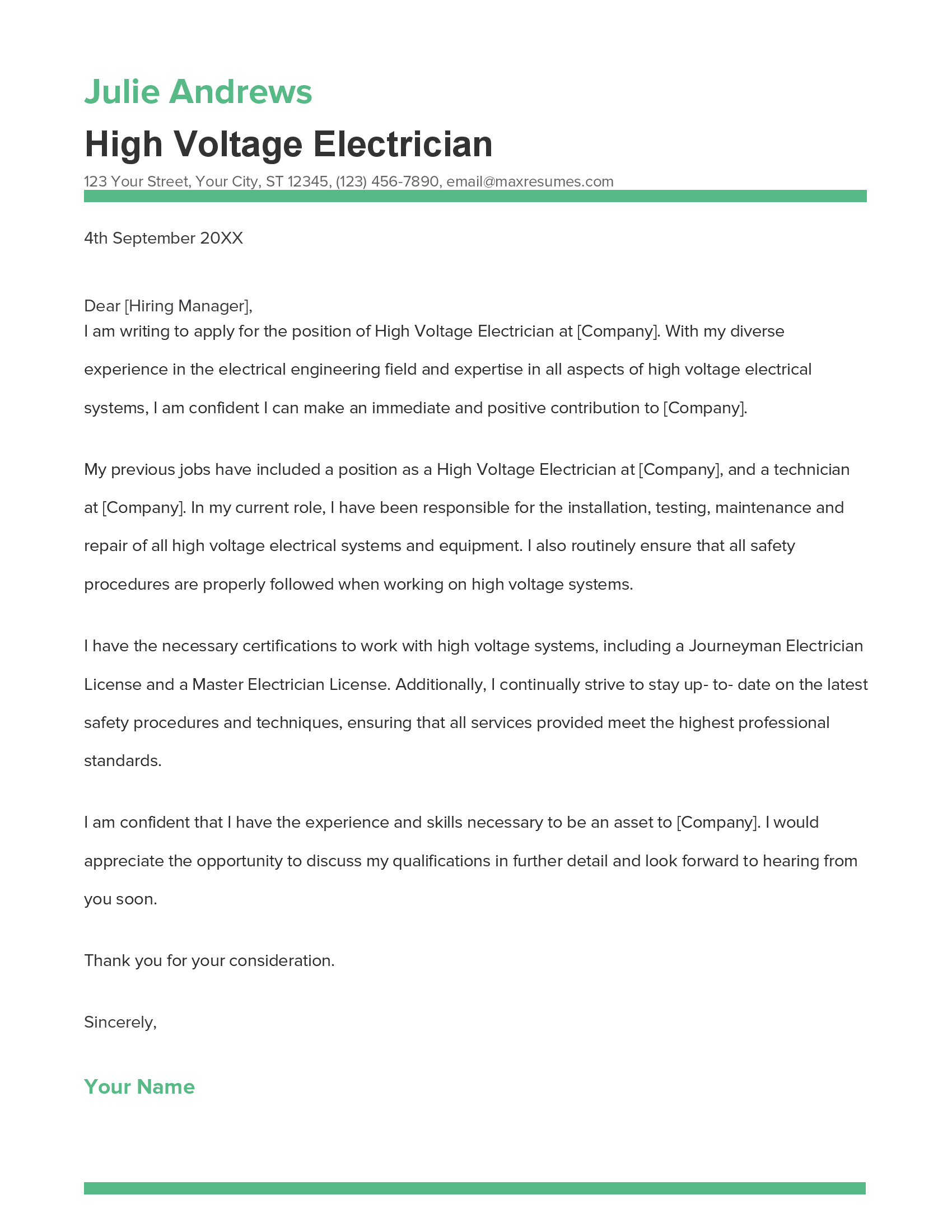 High Voltage Electrician Cover Letter Example