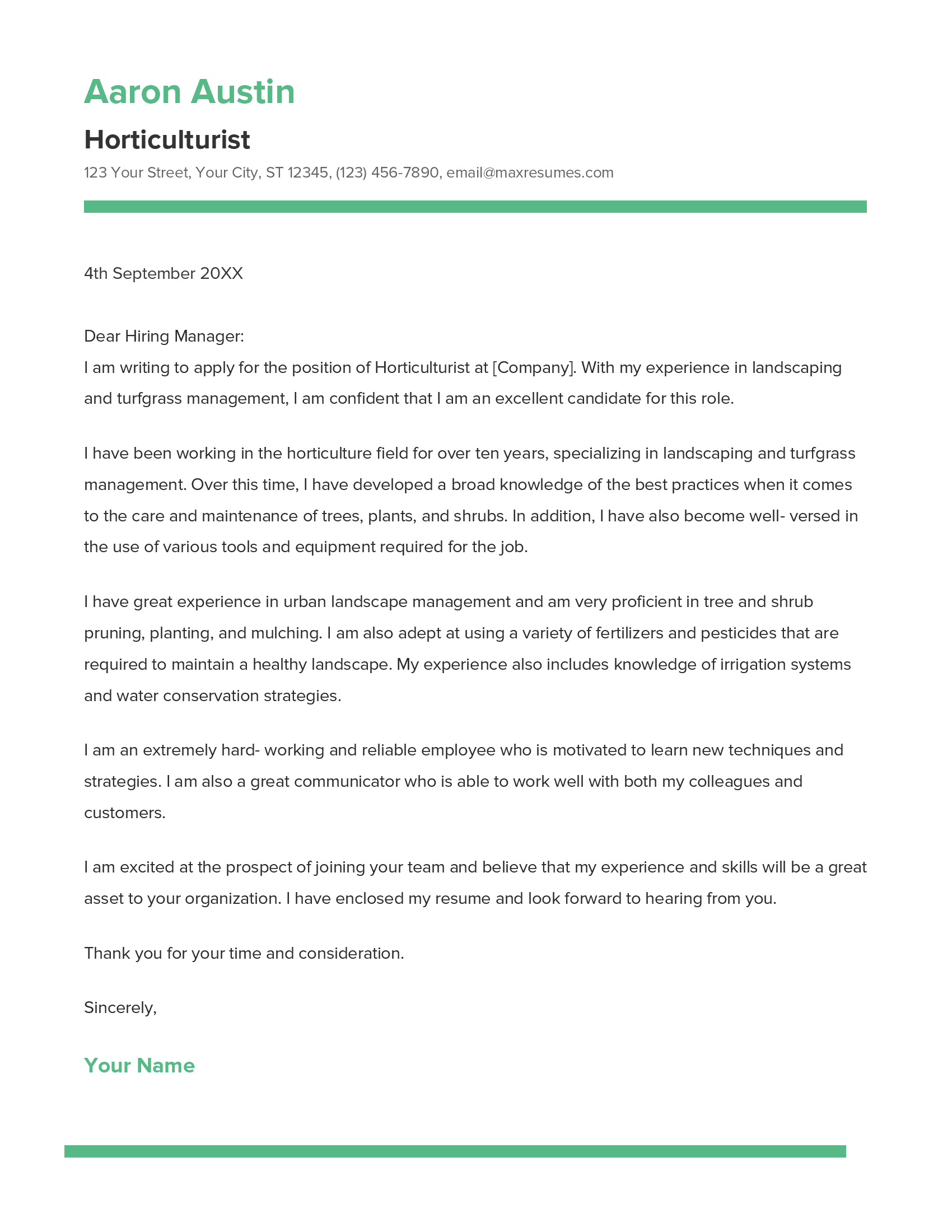 Horticulturist Cover Letter Example