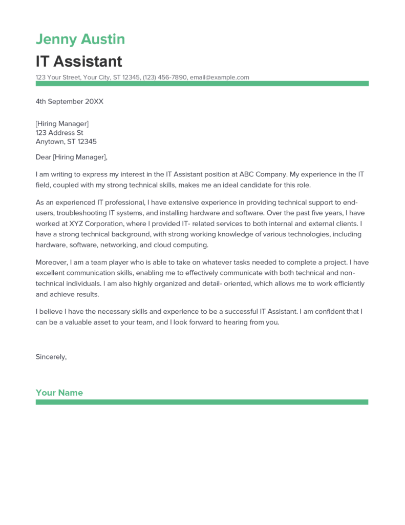 Best IT Assistant Cover Letter Example For 2023   IT Assistant Cover Letter 791x1024 