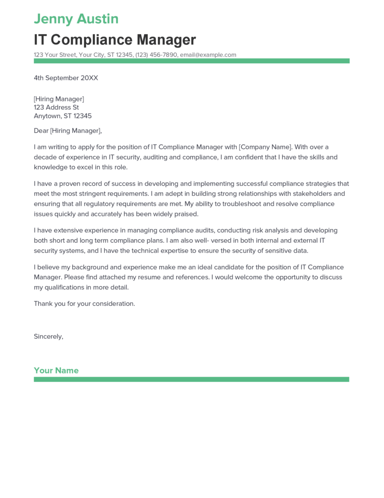 sample cover letter for compliance manager