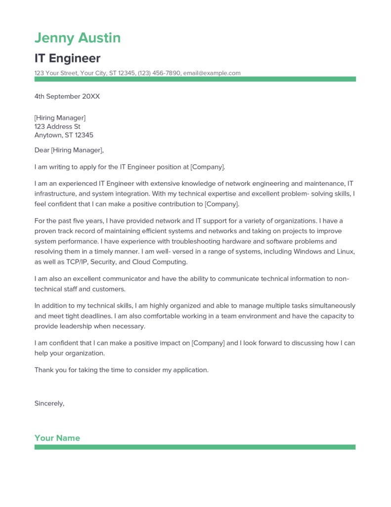 Best IT Engineer Cover Letter Example for 2023