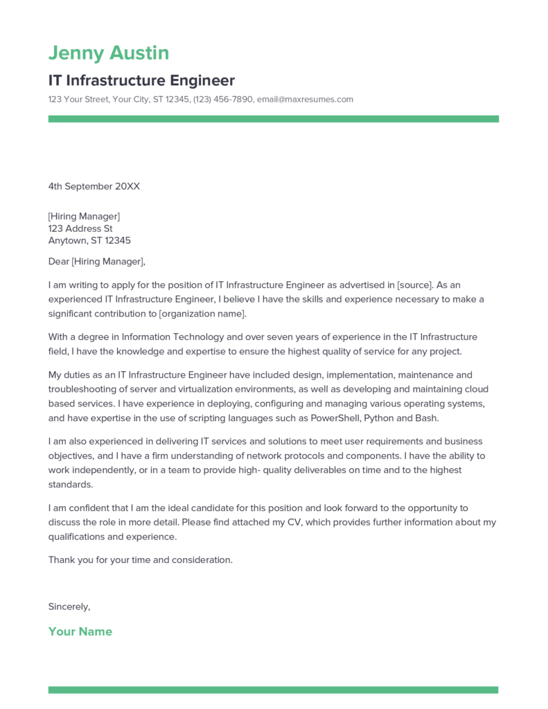 Best IT Infrastructure Engineer Cover Letter Example for 2023