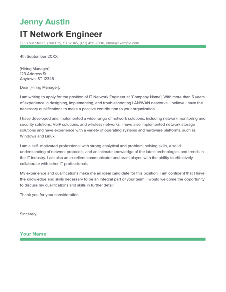 Best IT Network Engineer Cover Letter Example for 2023