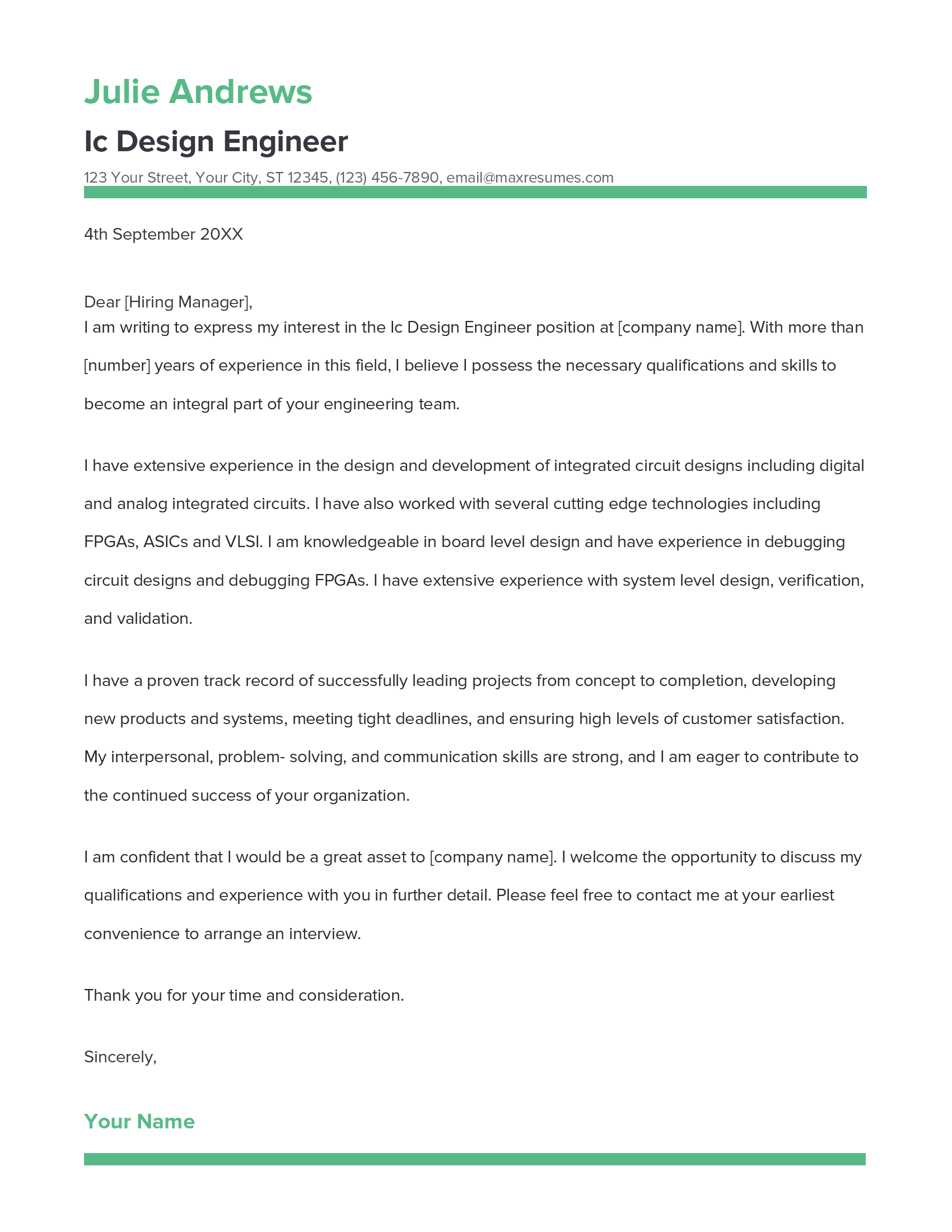 Ic Design Engineer Cover Letter Example