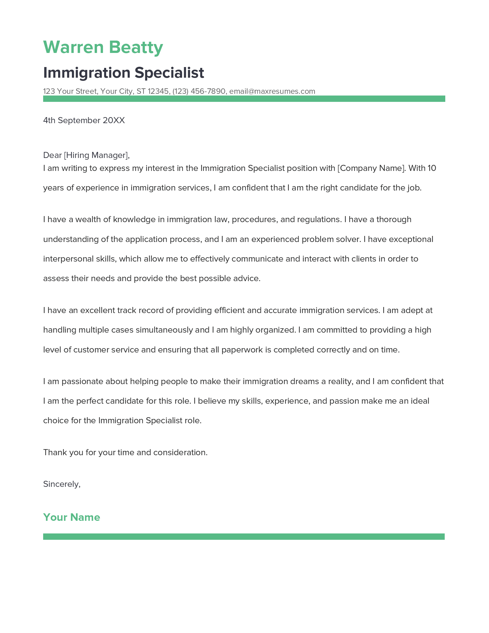 Immigration Specialist Cover Letter Example