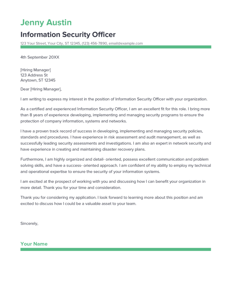 Best Information Security Officer Cover Letter Example for 2023