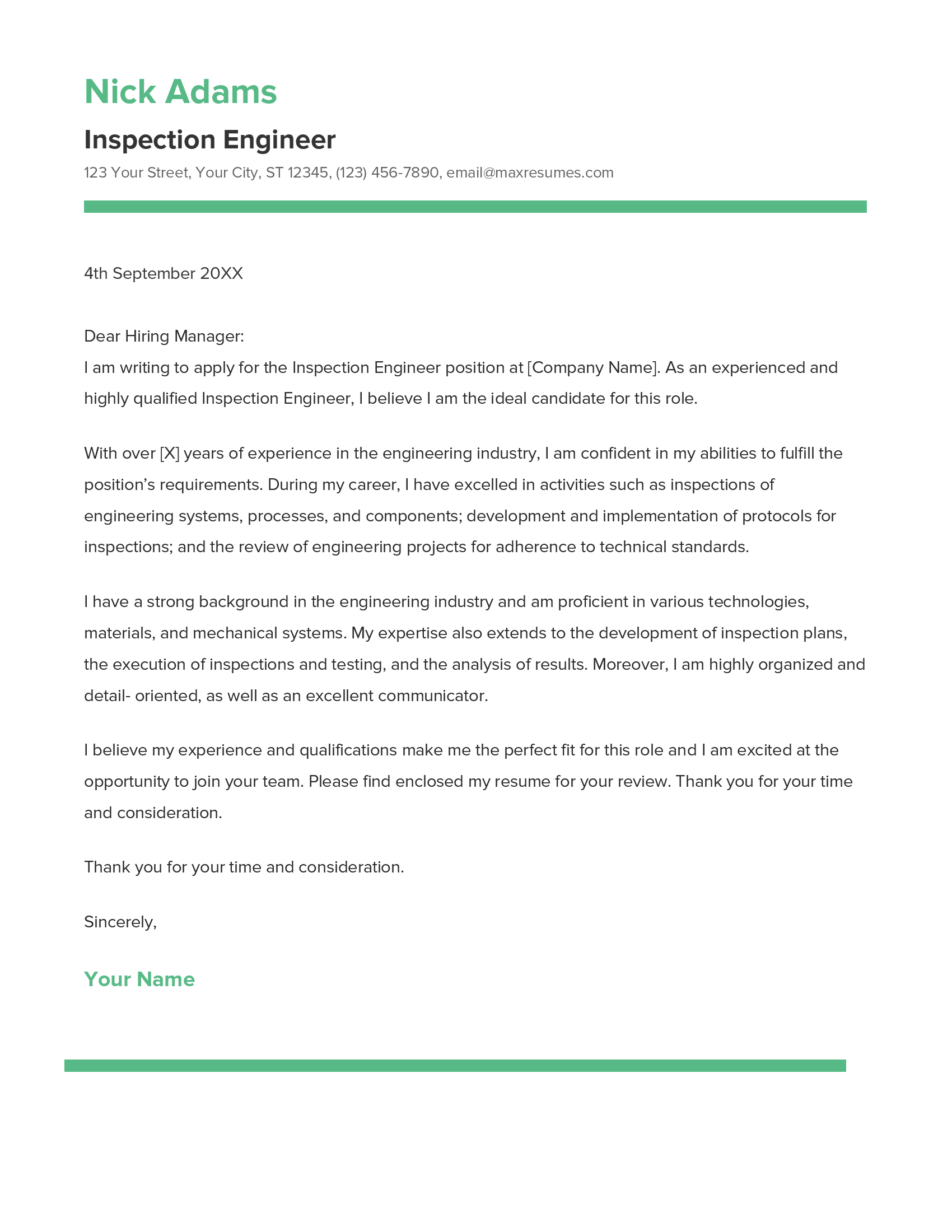 Inspection Engineer Cover Letter Example