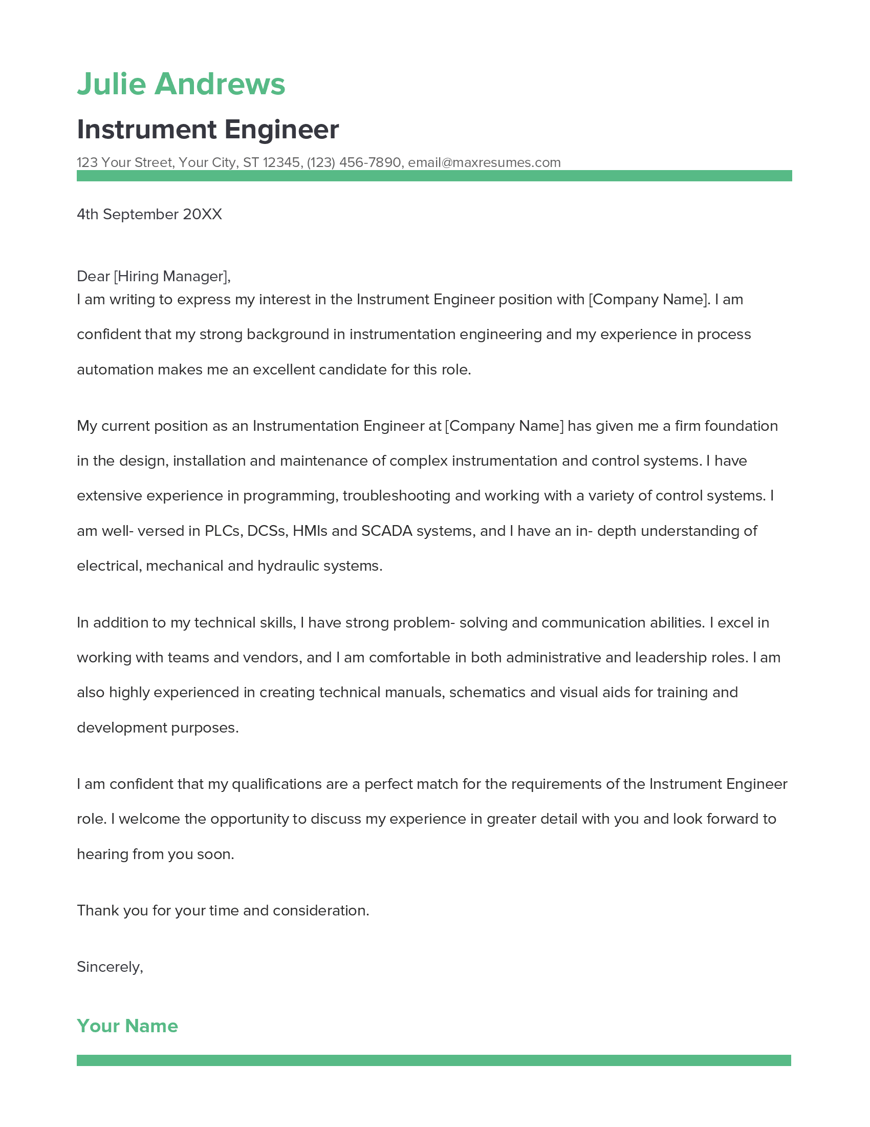 Instrument Engineer Cover Letter Example