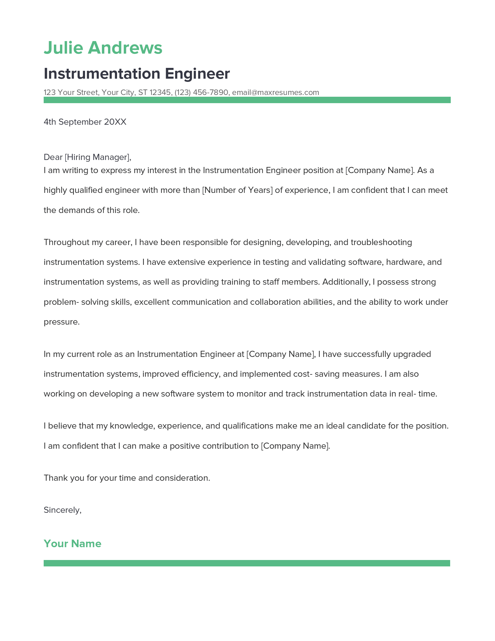 Instrumentation Engineer Cover Letter Example