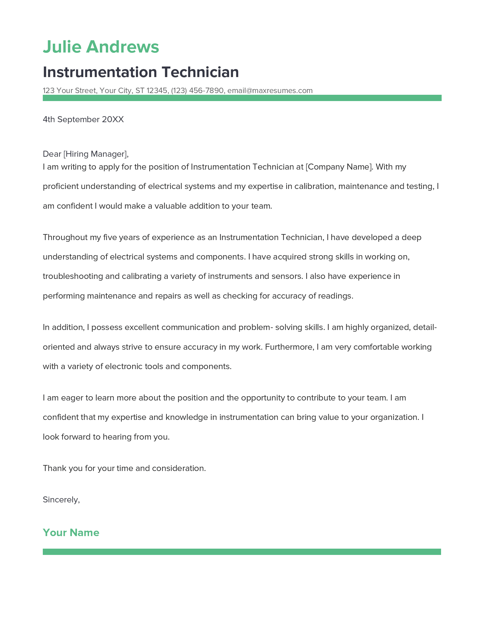 Instrumentation Technician Cover Letter Example